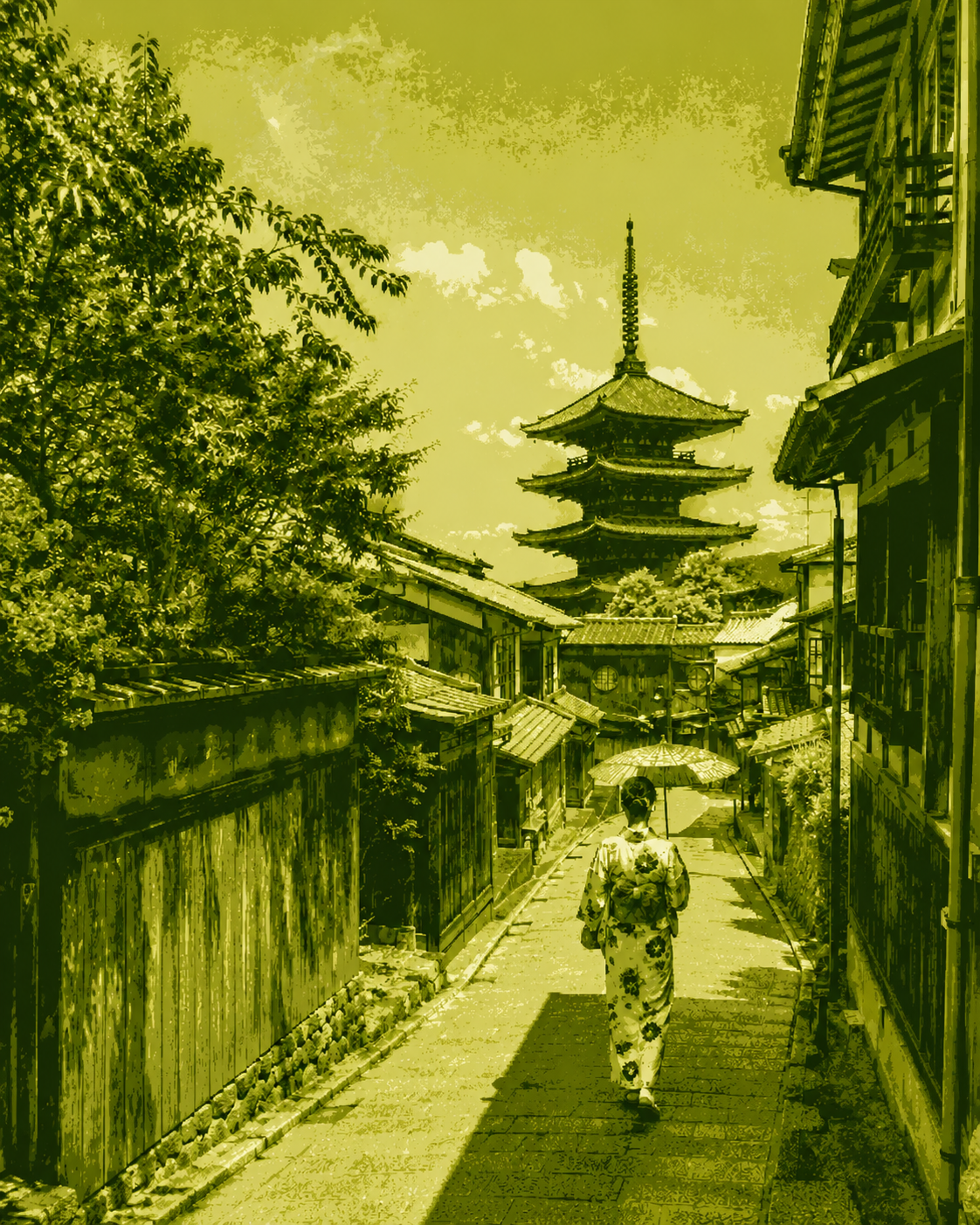 Japanese street photo with a green filter before correction